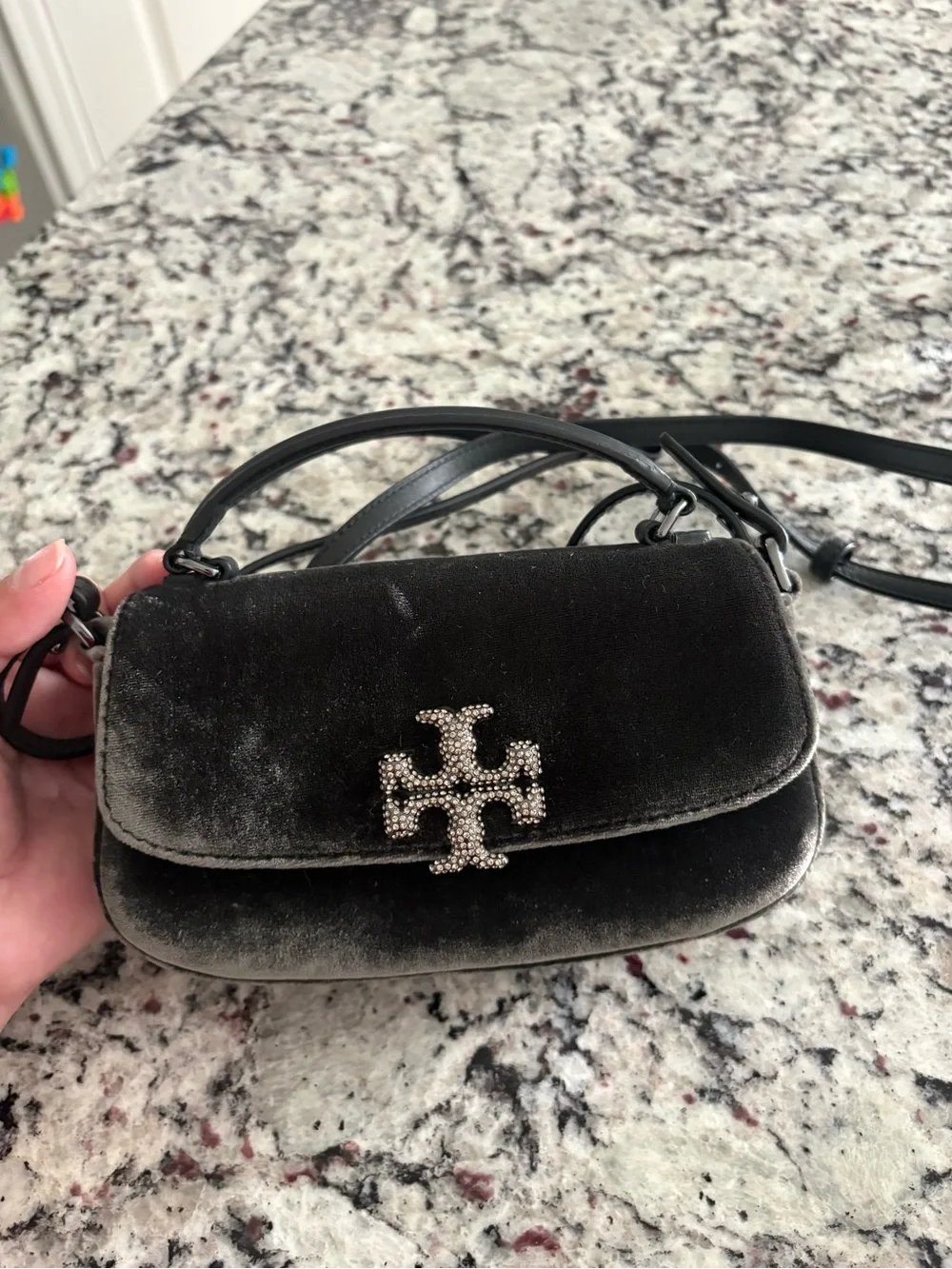 Tory Burch Black Velvet Mini Bag with Crystal Logo
